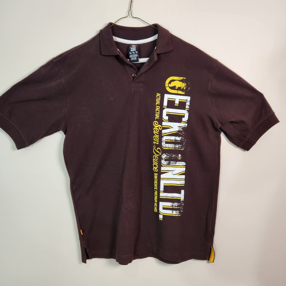 Ecko Unltd Mens XL Polo Shirt Brown Short Sleeve Graphic Seven Deuce Rawthentic